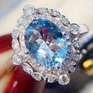 💞 925 Silver Plated Sea Blue Oval Shaped CZ Ring for Women, FB16FA1034